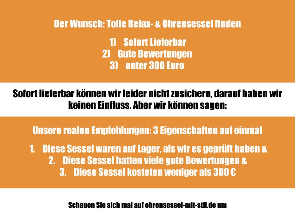 Gibt es Ohrensessel die sofort lieferbar sind und unter 300 Euro kosten? Gibt es Ohrensessel die sofort lieferbar sind und unter 300 Euro kosten?